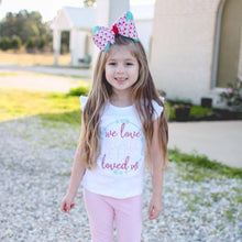 Load image into Gallery viewer, girl-standing-in-ruffle-pants-pink-god-loves-us-valentine-shirt